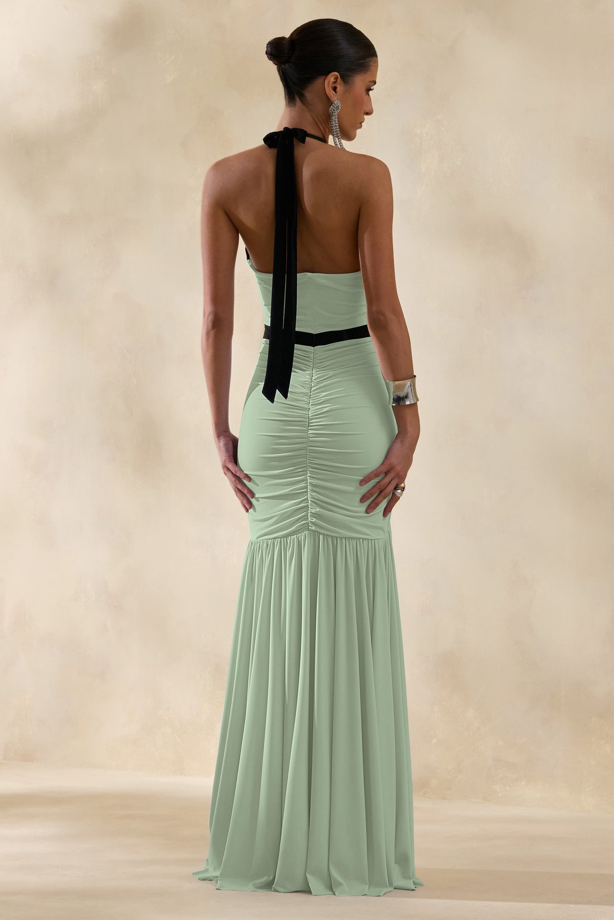 Cosmina | Mint Jersey Ruched Plunge Maxi Dress With Tie Back And Bow Detail