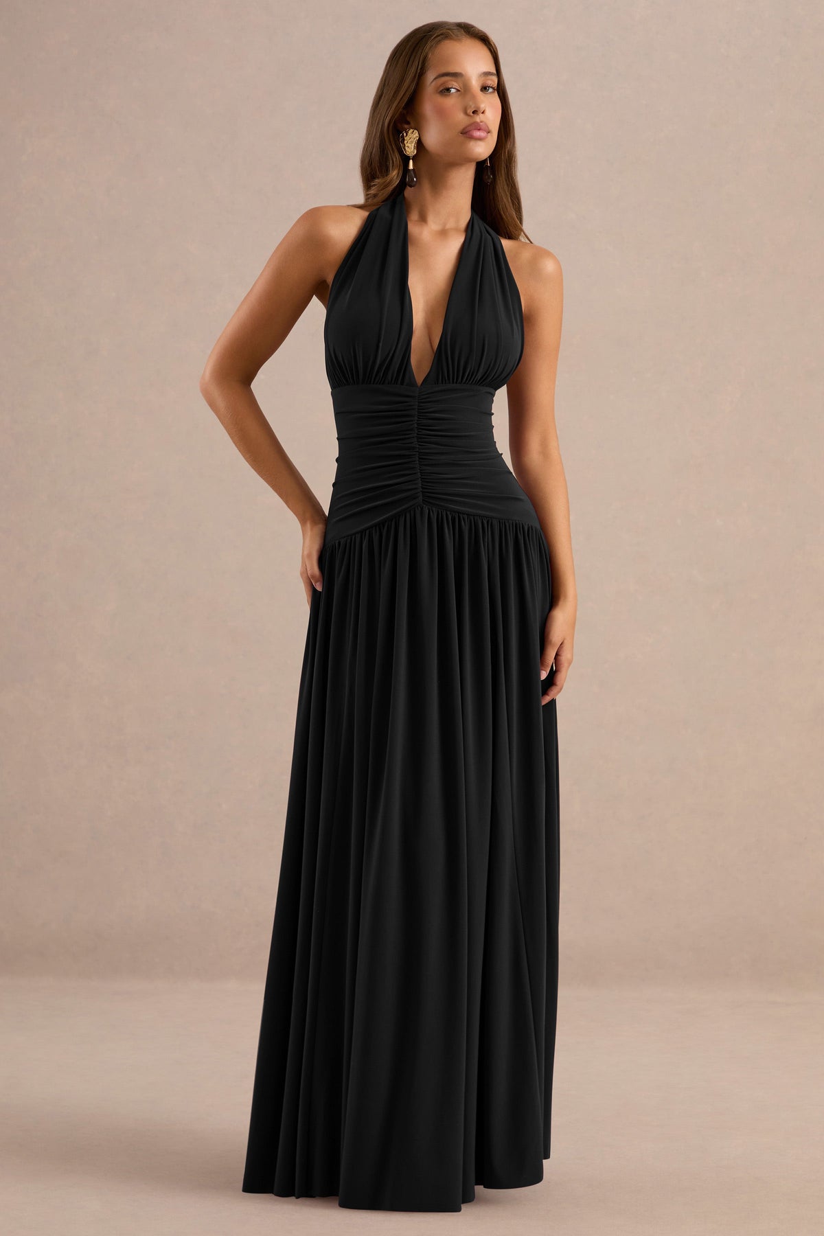 Bettina | Black Jersey Plunge Maxi Dress With Gathered Detailing And Tie Back
