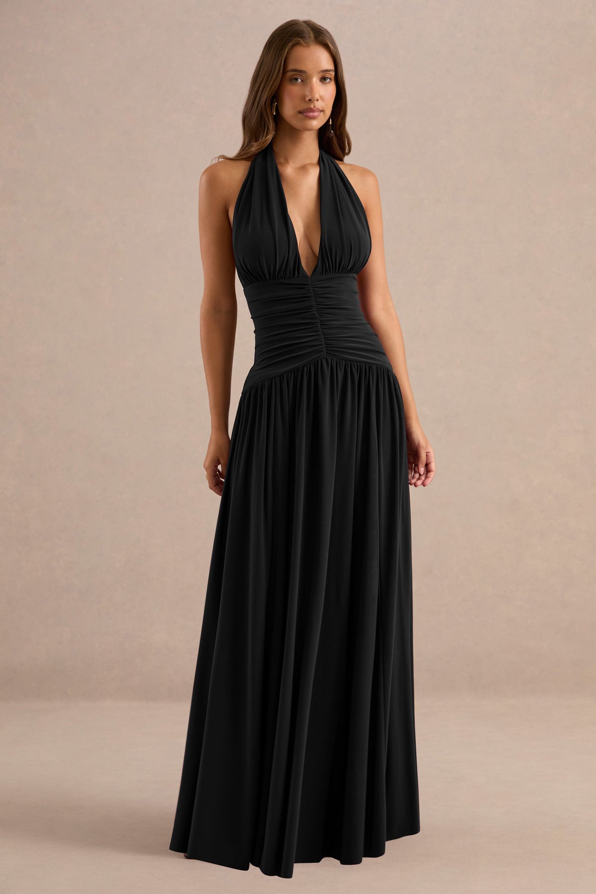 Bettina | Black Jersey Plunge Maxi Dress With Gathered Detailing And Tie Back