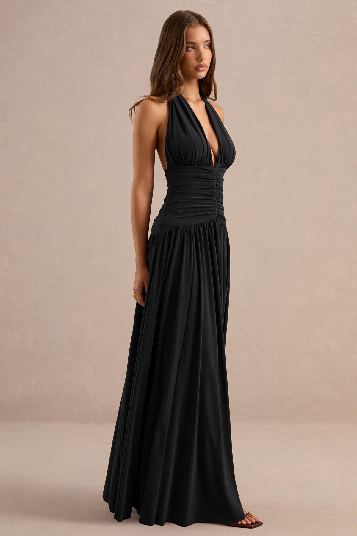 Bettina | Black Jersey Plunge Maxi Dress With Gathered Detailing And Tie Back