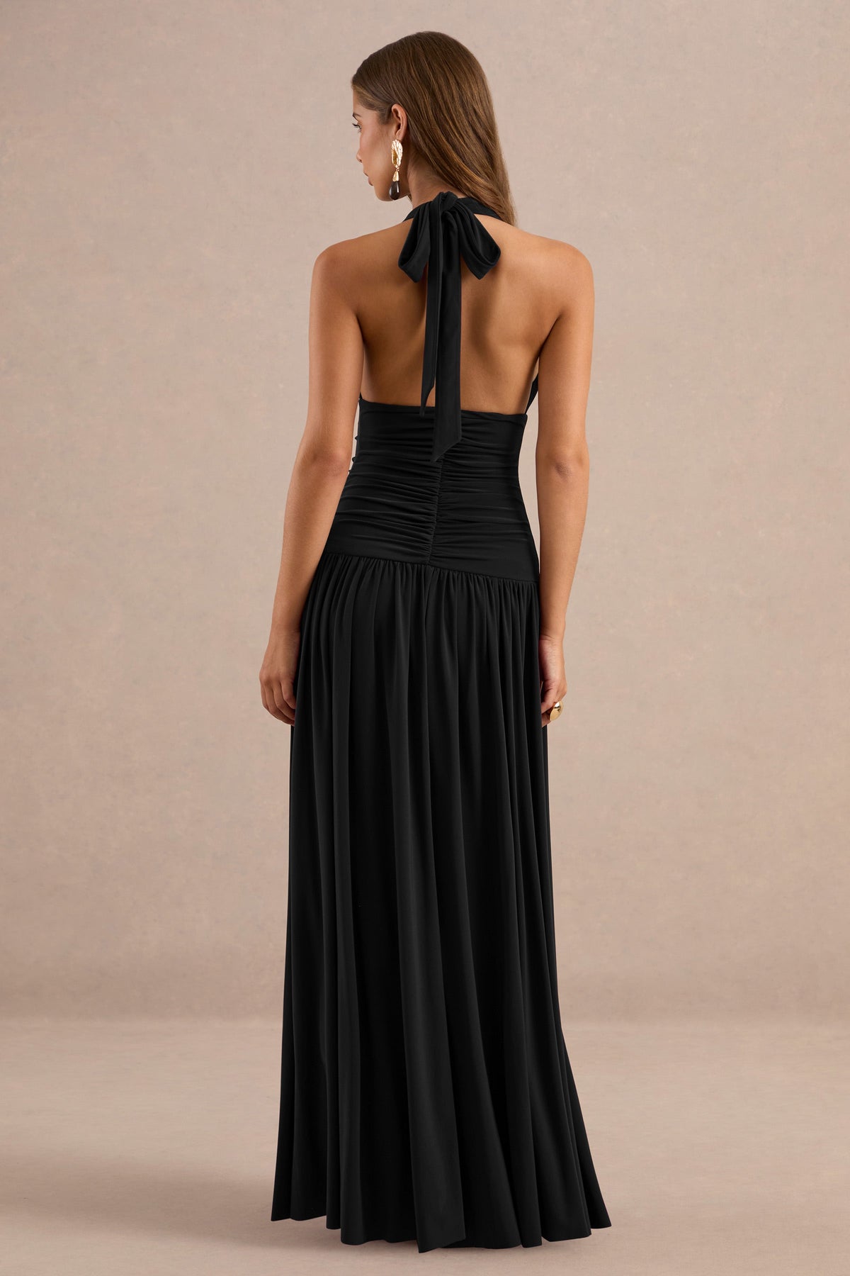 Bettina | Black Jersey Plunge Maxi Dress With Gathered Detailing And Tie Back