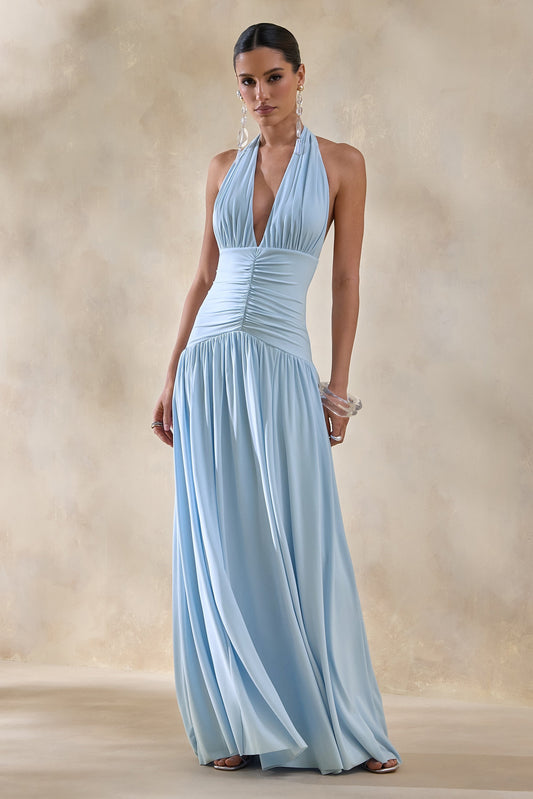 Bettina | Powder Blue Jersey Plunge Maxi Dress With Gathered Detailing And Tie Back