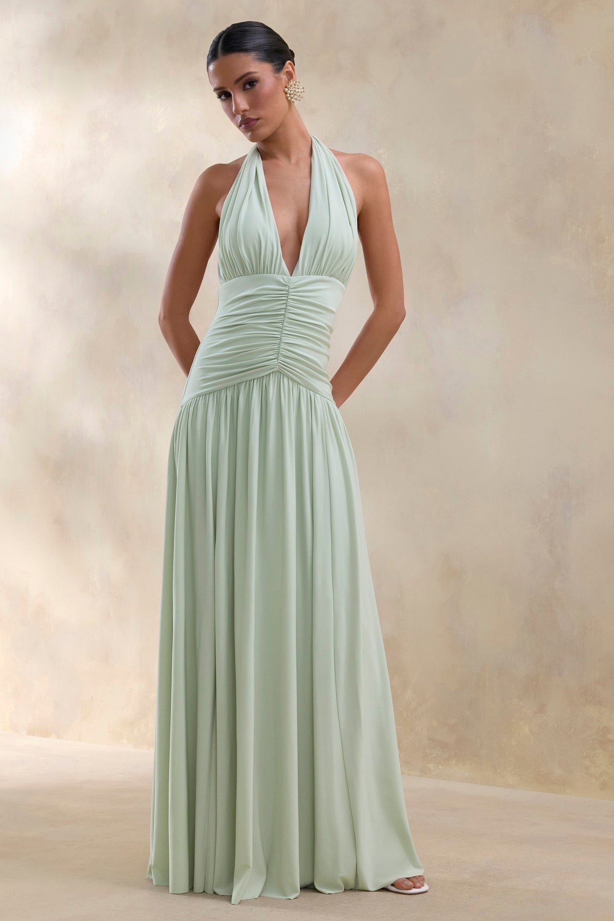 Bettina | Sage Jersey Plunge Maxi Dress With Gathered Detailing And Tie Back