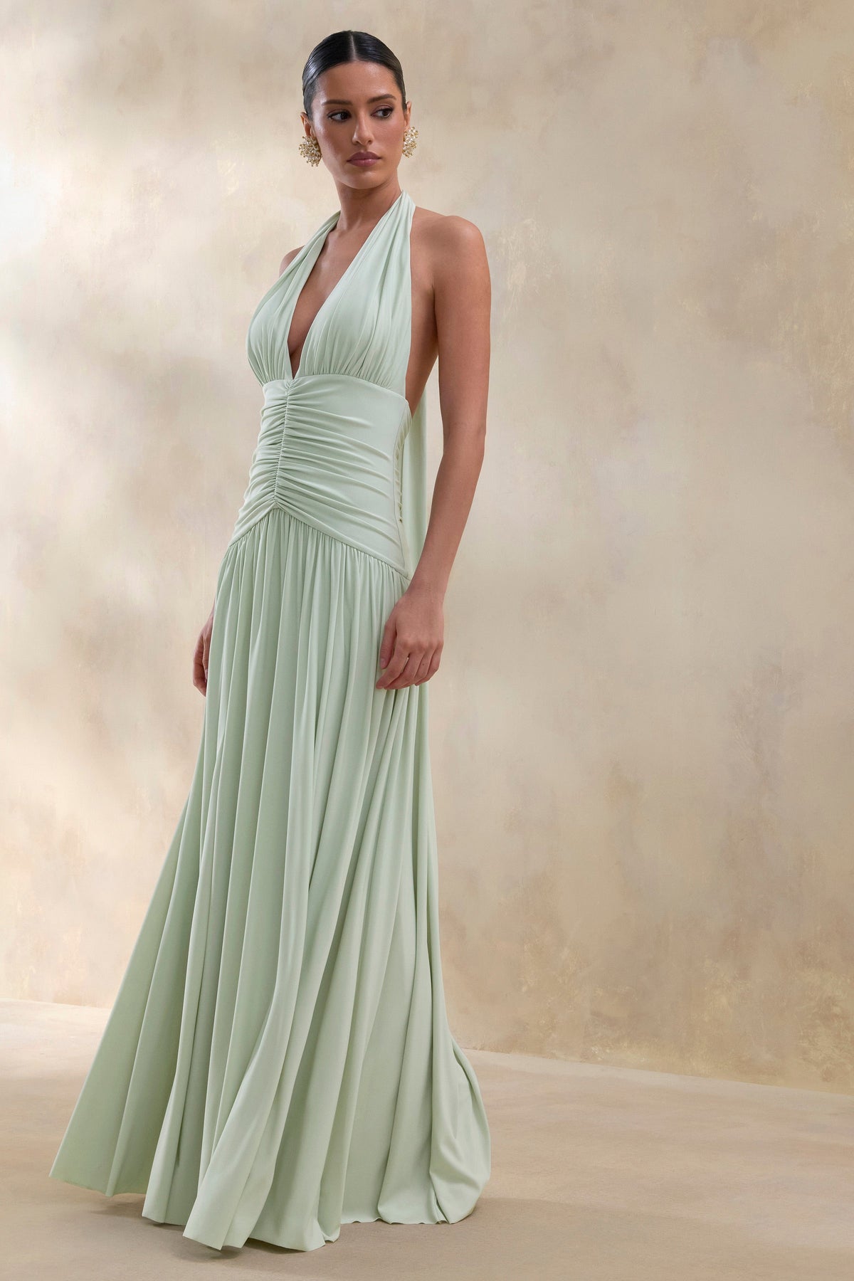 Bettina | Sage Jersey Plunge Maxi Dress With Gathered Detailing And Tie Back