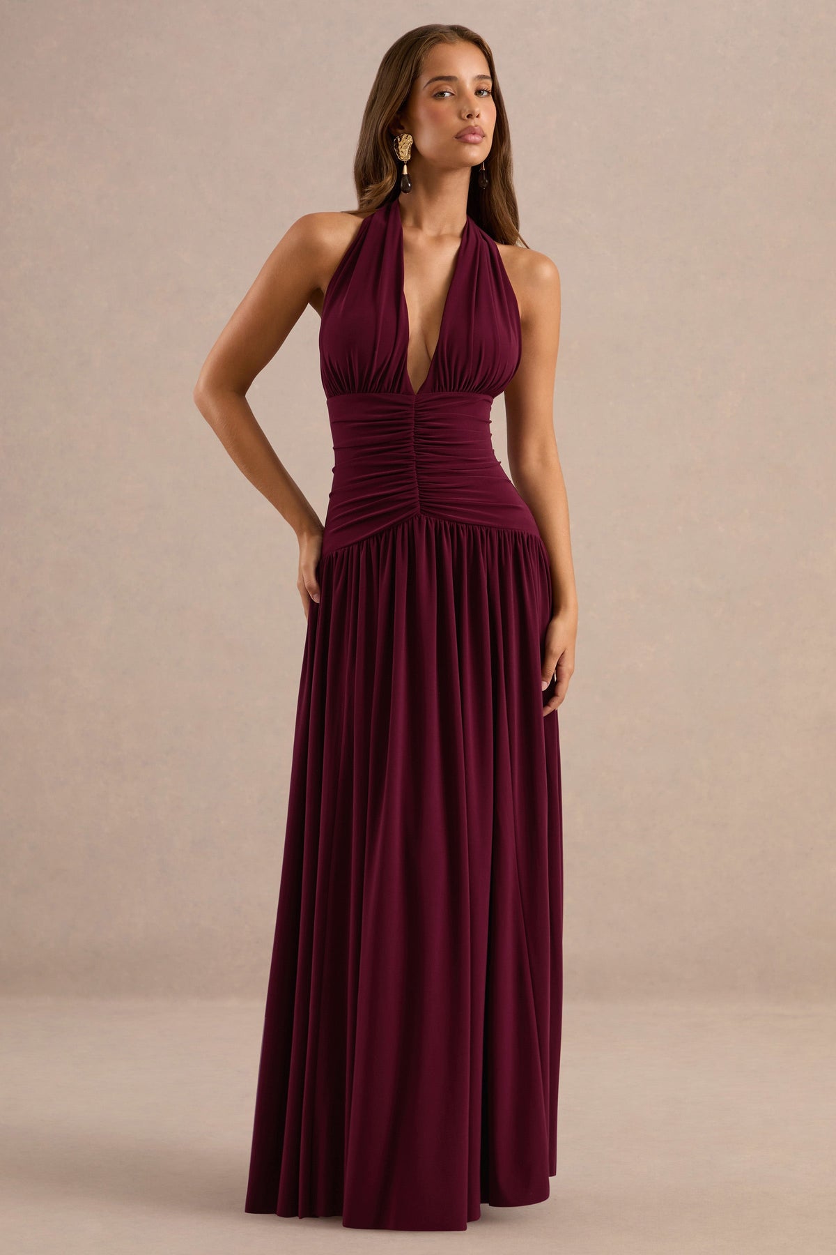 Bettina | Burgundy Jersey Plunge Maxi Dress With Gathered Detailing And Tie Back