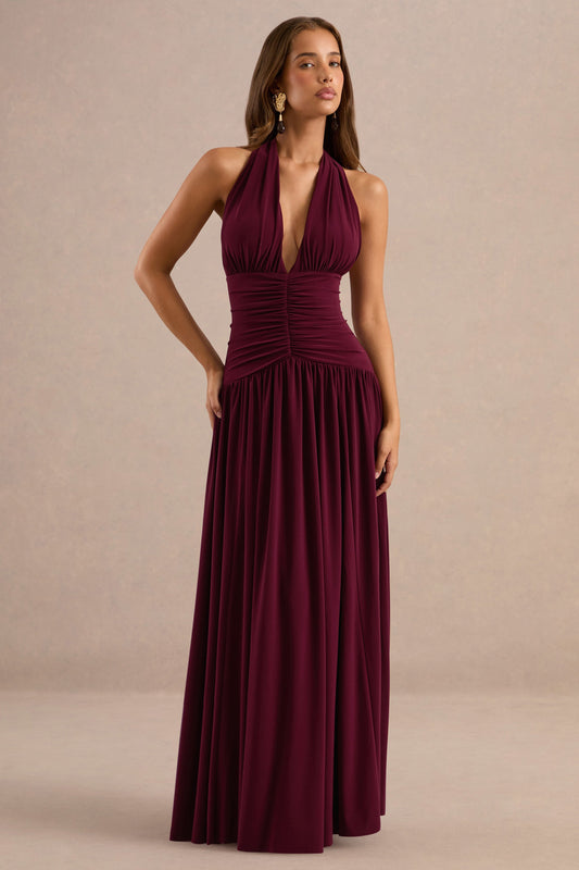 Bettina | Burgundy Jersey Plunge Maxi Dress With Gathered Detailing And Tie Back