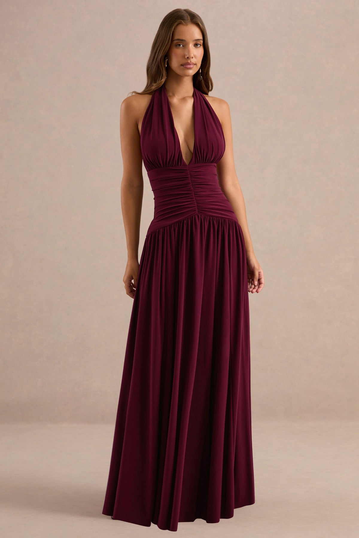 Bettina | Burgundy Jersey Plunge Maxi Dress With Gathered Detailing And Tie Back