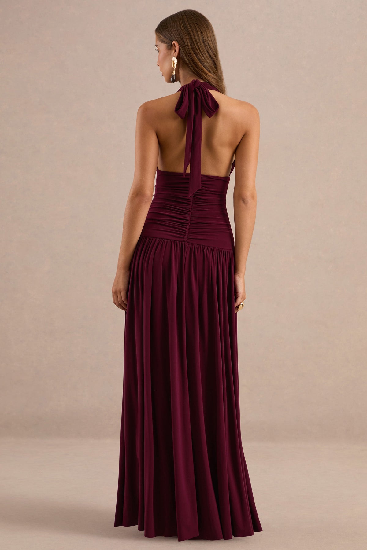 Bettina | Burgundy Jersey Plunge Maxi Dress With Gathered Detailing And Tie Back