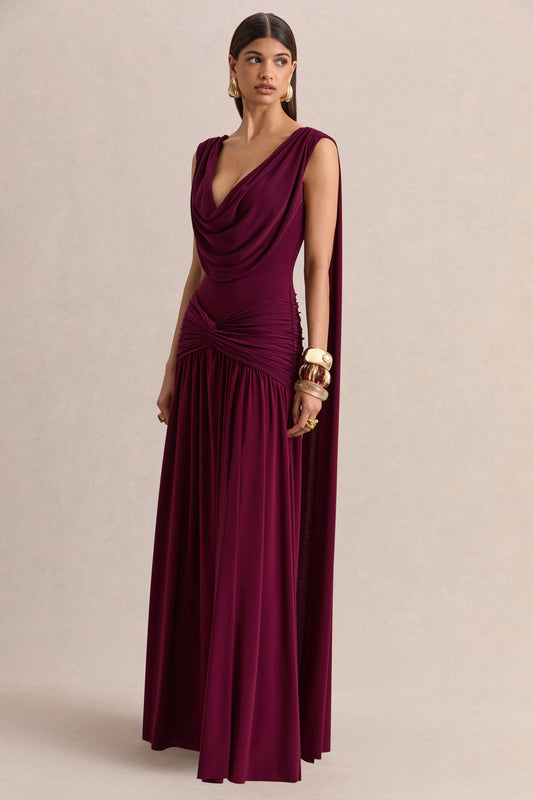 Amelisse | Burgundy Jersey Ruched Cowl Maxi Dress With Twist Panel And Shoulder Sash Detailing