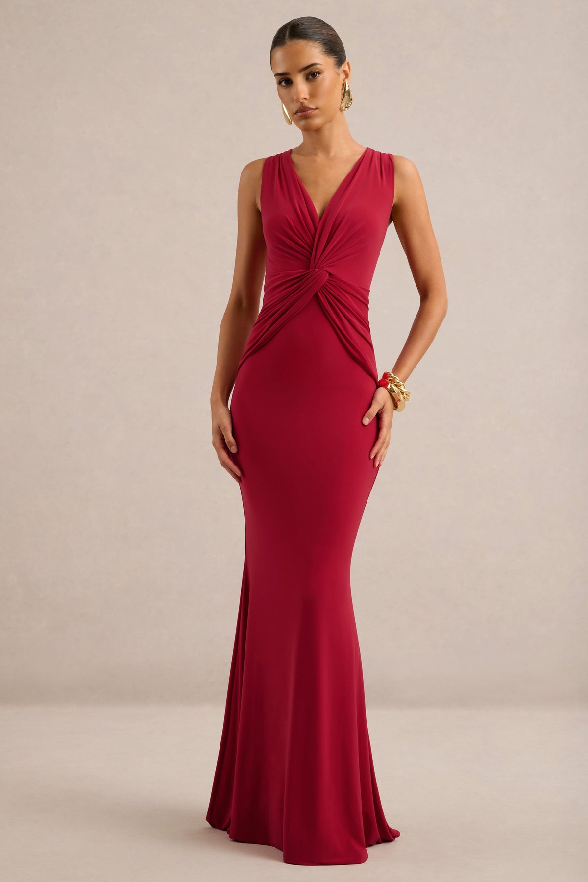 Holly | Red Jersey Plunge Maxi Dress With Twist Detailing