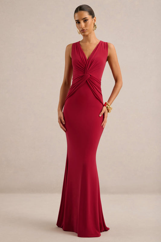 Holly | Red Jersey Plunge Maxi Dress With Twist Detailing