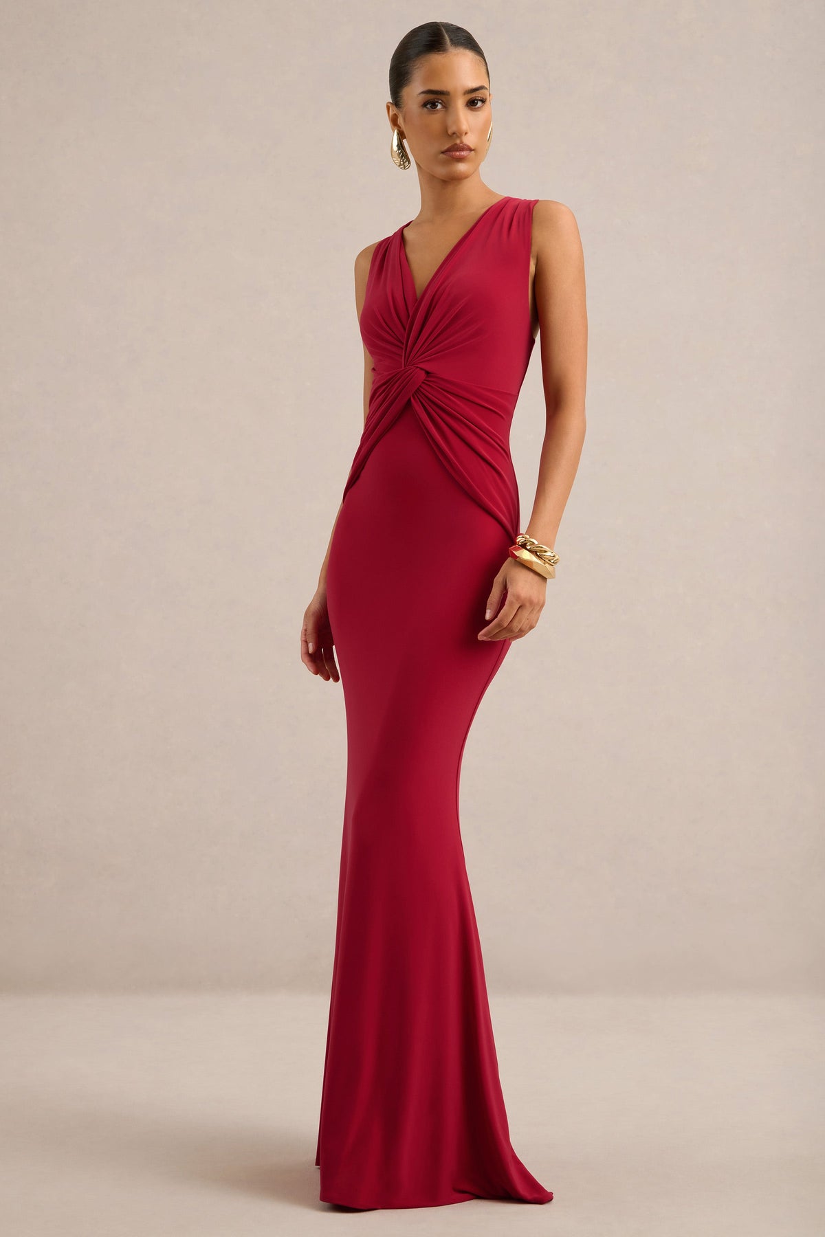 Holly | Red Jersey Plunge Maxi Dress With Twist Detailing