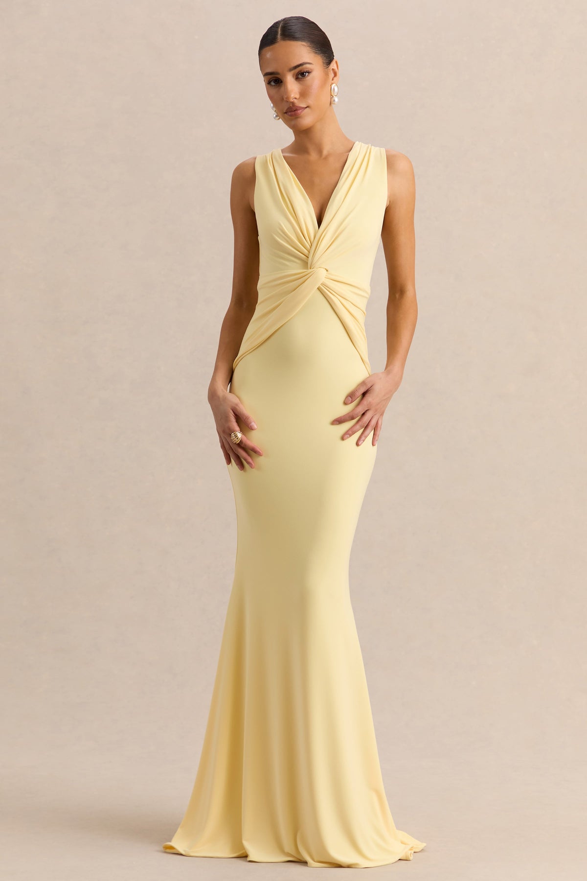 Holly | Lemon Jersey Plunge Maxi Dress With Twist Detailing