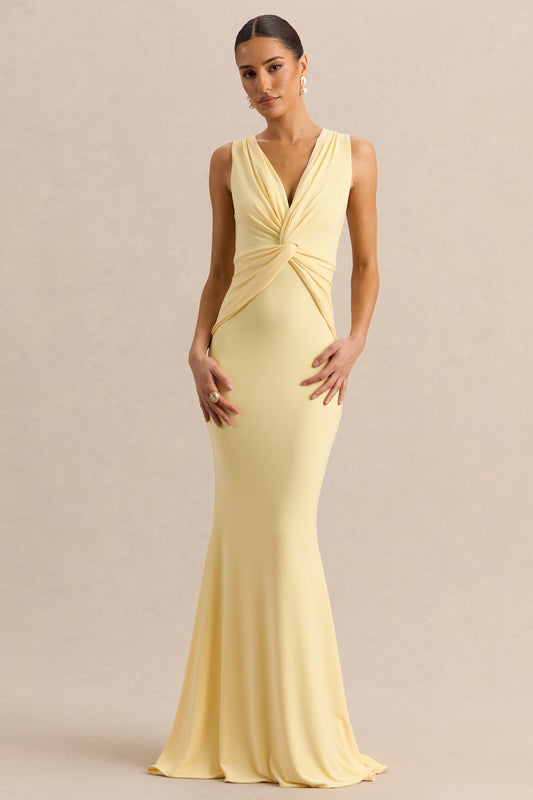 Holly | Lemon Jersey Plunge Maxi Dress With Twist Detailing