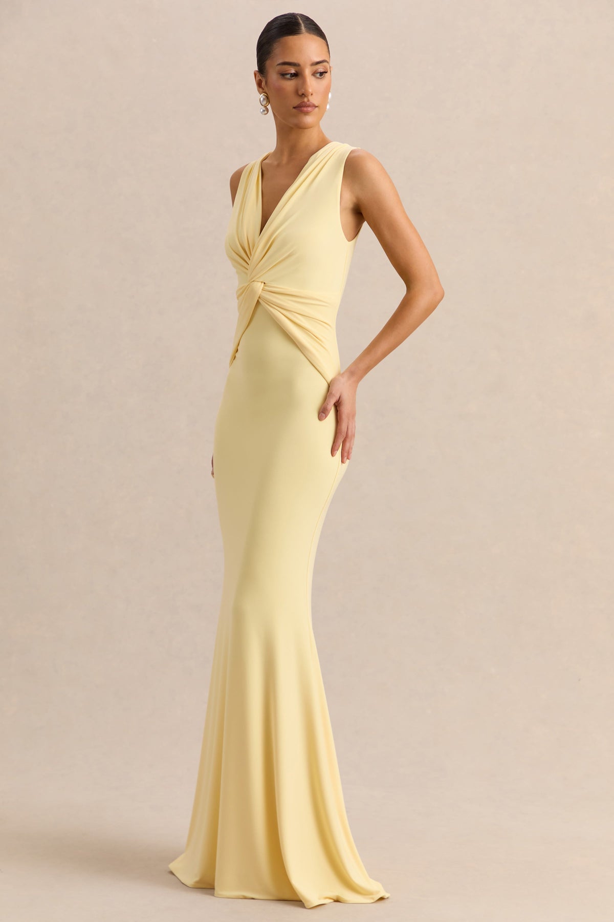 Holly | Lemon Jersey Plunge Maxi Dress With Twist Detailing