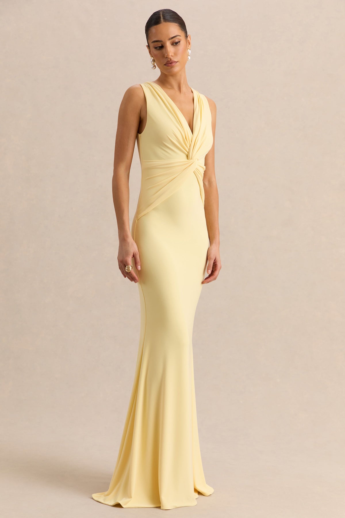 Holly | Lemon Jersey Plunge Maxi Dress With Twist Detailing
