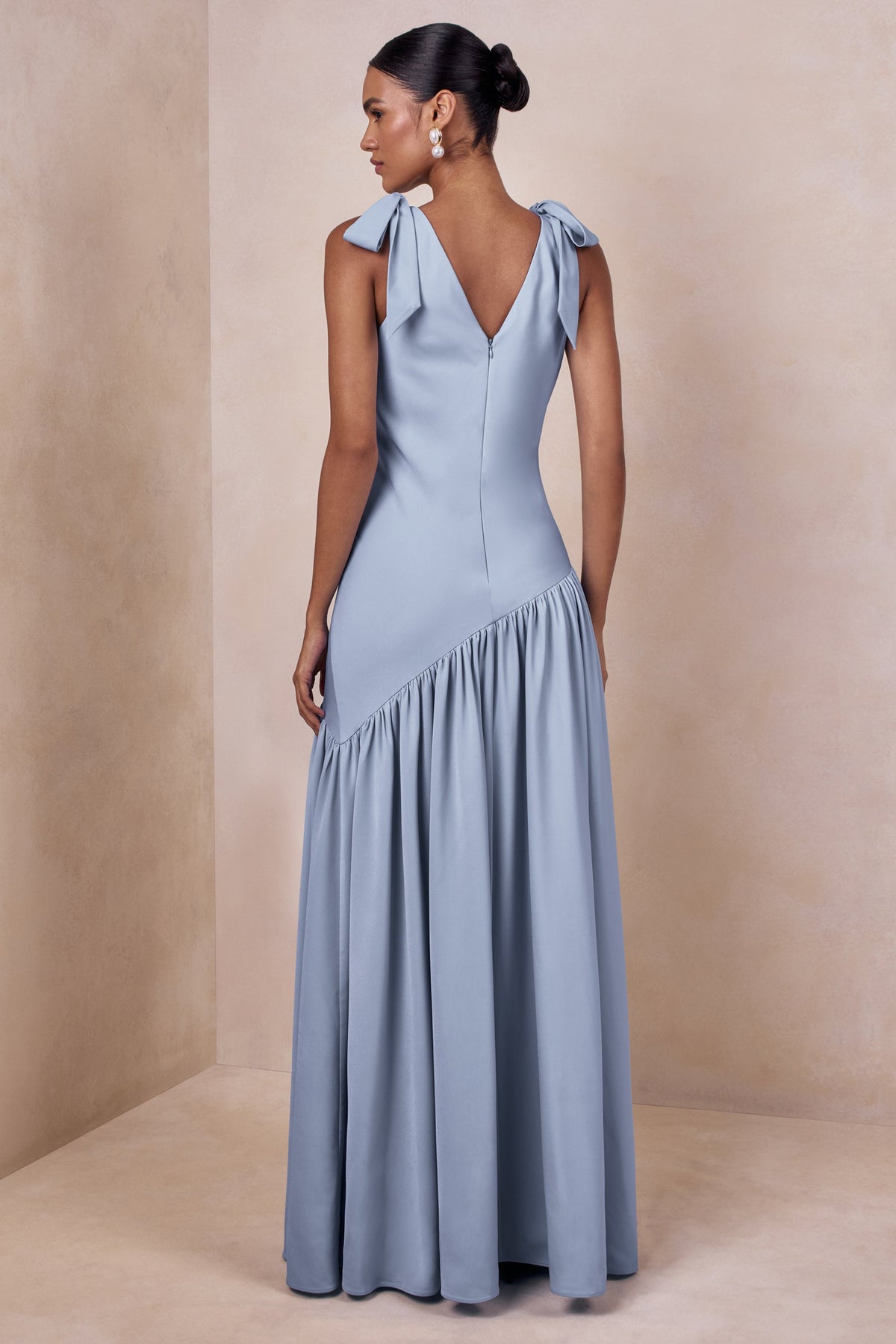 Cala | Powder Blue Matte Satin Plunge-Neck Maxi Dress With Bow-Sleeves