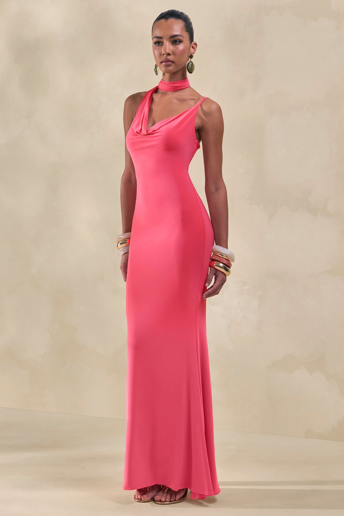 Kenza | Coral Asymmetric-Neck Maxi Dress With Scarf-Detail