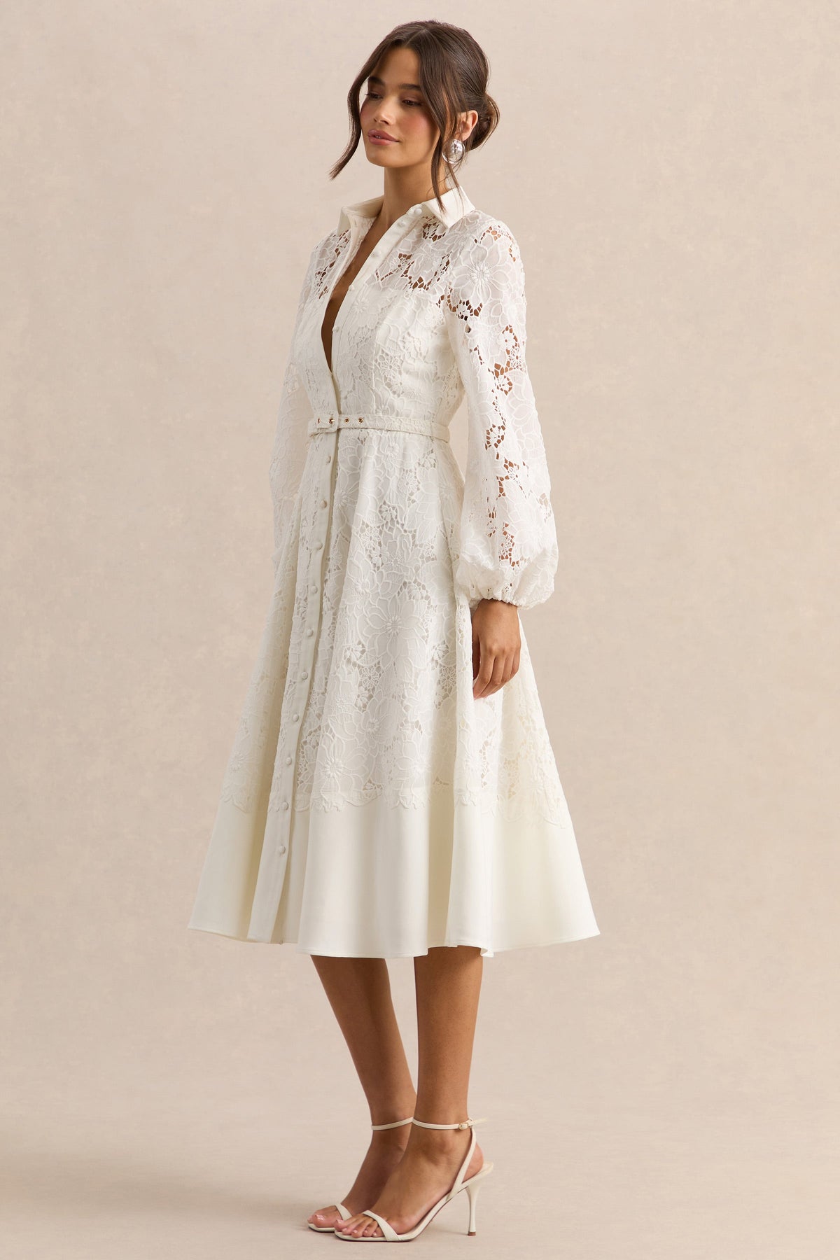 Jules | Cream Broderie V Neck Long Sleeve A-Line Midi Dress With Belt Detail