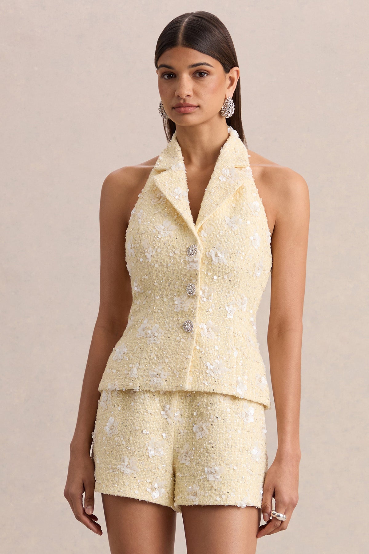 Alba | Lemon Boucle Plunge-Neck Crop-Top