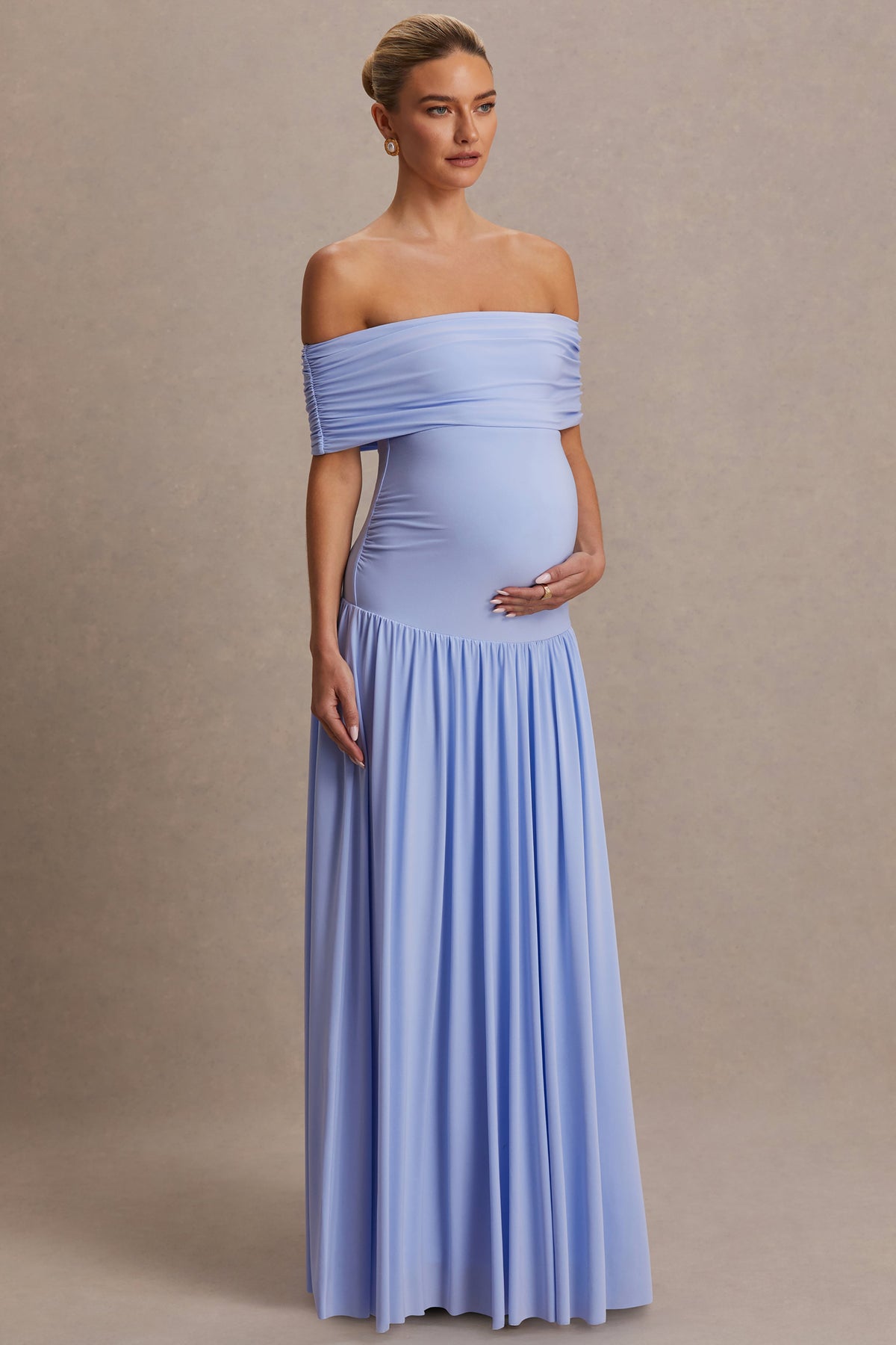 Juliette | Powder Blue Jersey Ruched Bardot Maternity Maxi Dress With Drop Waist