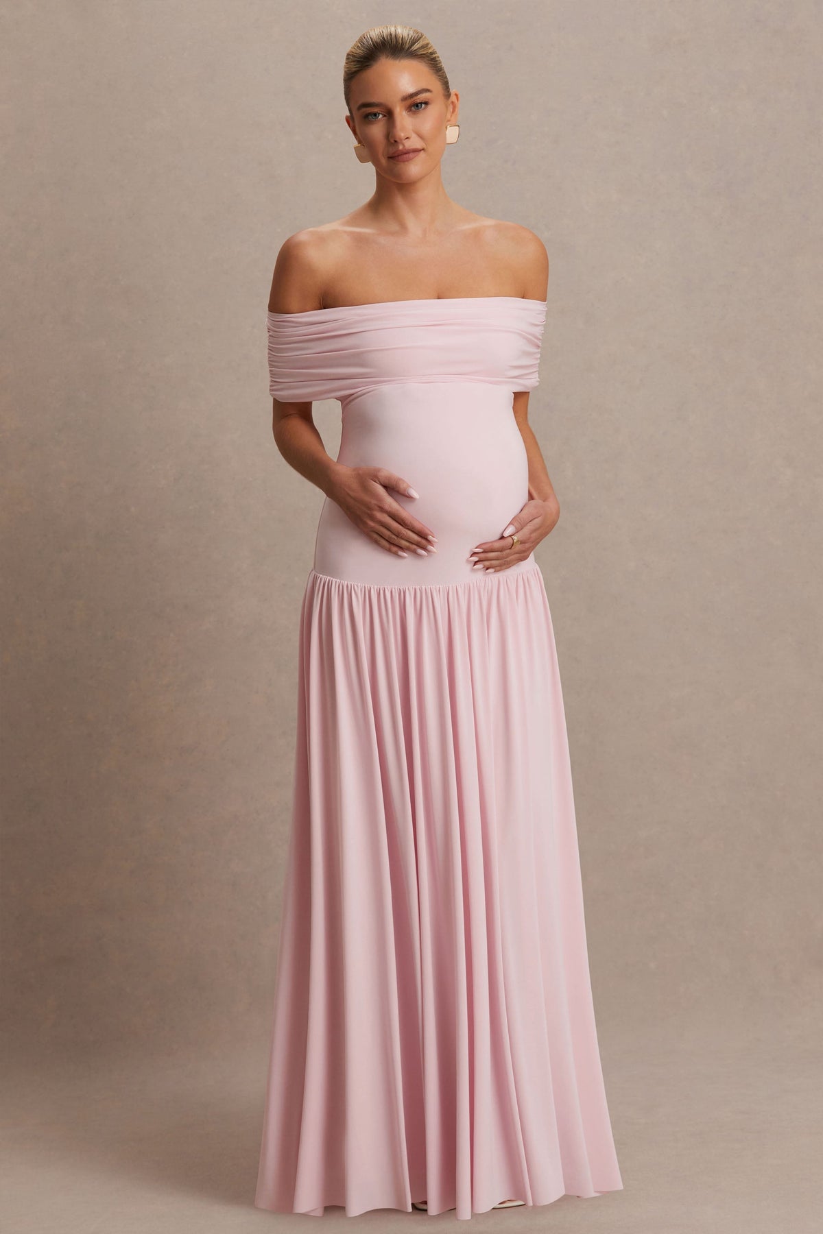 Juliette | Blush Pink Jersey Ruched Bardot Maternity Maxi Dress With Drop Waist