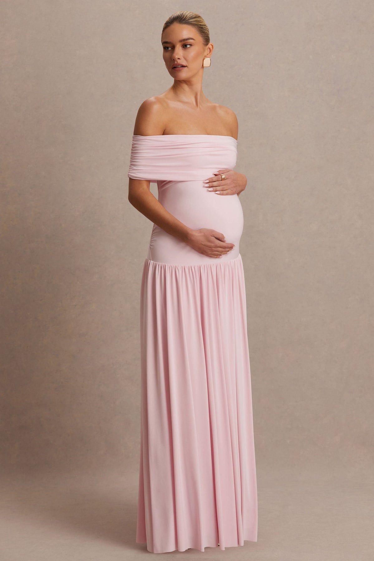 Juliette | Blush Pink Jersey Ruched Bardot Maternity Maxi Dress With Drop Waist
