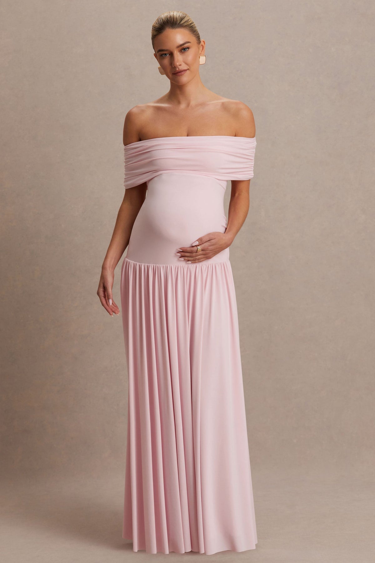 Juliette | Blush Pink Jersey Ruched Bardot Maternity Maxi Dress With Drop Waist