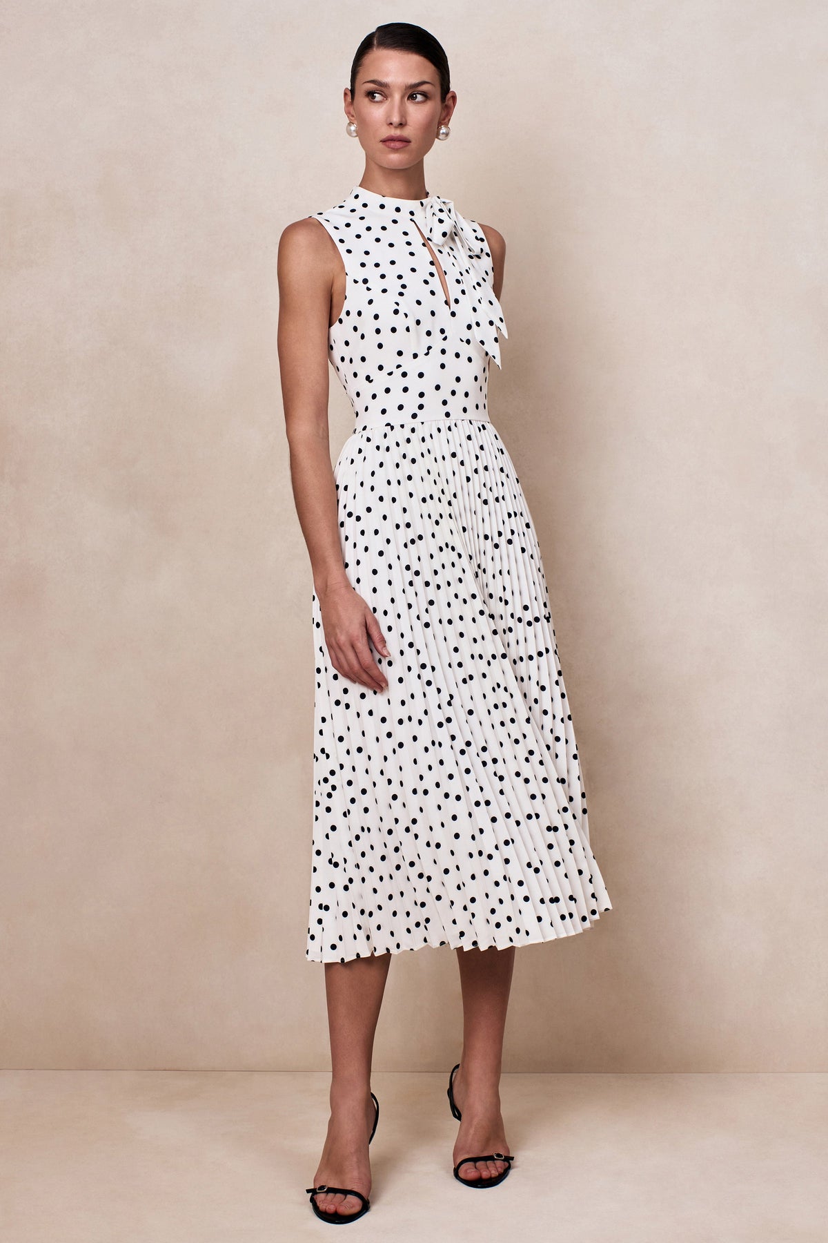 Avalon | White Polka Dot Scarf-Neck Midi Dress With Pleated Skirt