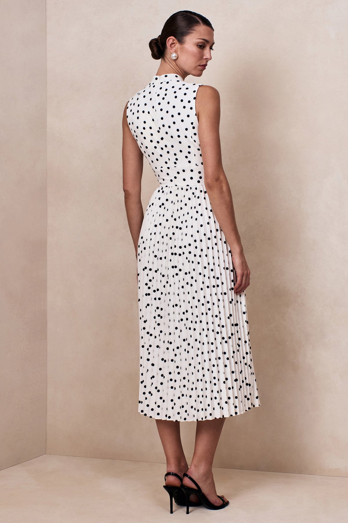Avalon | White Polka Dot Scarf-Neck Midi Dress With Pleated Skirt