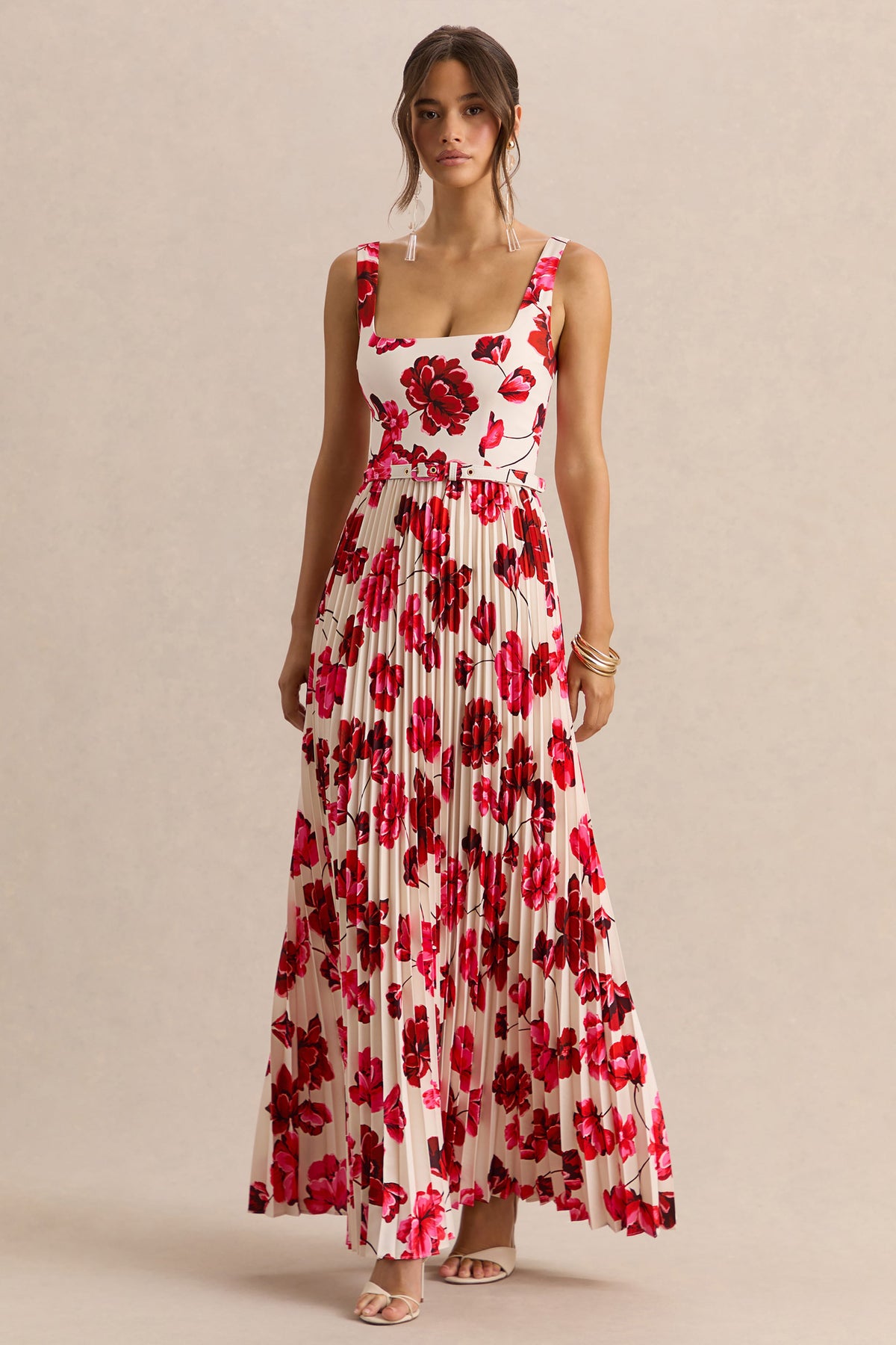 Danika | Hot Pink Floral Print Square-Neck Belted Maxi Dress With Pleated Skirt