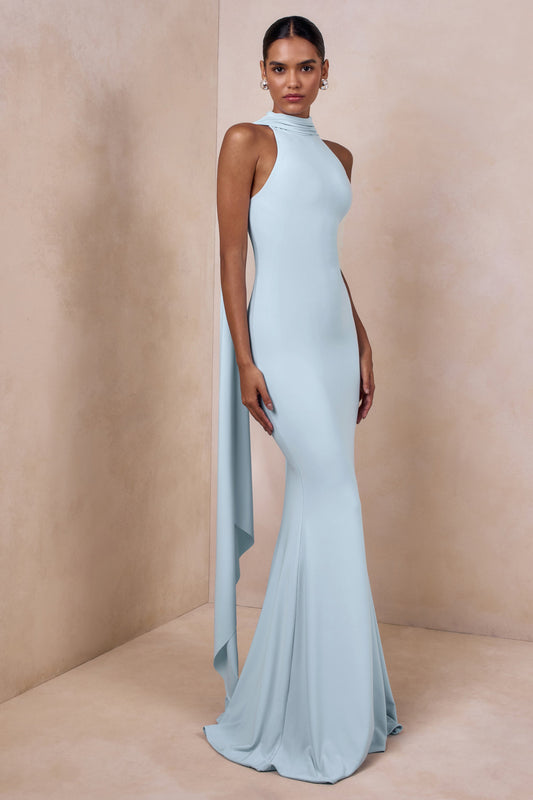 Cordy | Powder Blue Jersey High Neck Maxi Dress With Scarf Detail