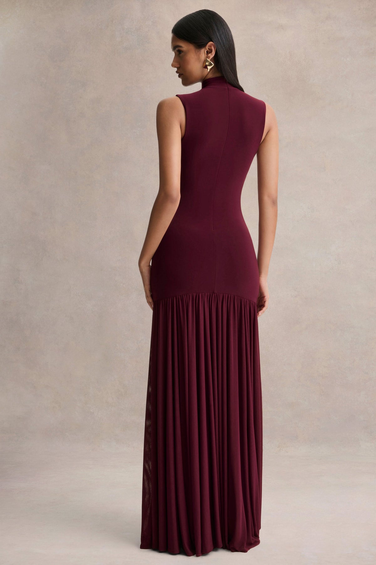 Gigi | Burgundy High-Neck Maxi Dress With Drop-Waist And Sheer Skirt