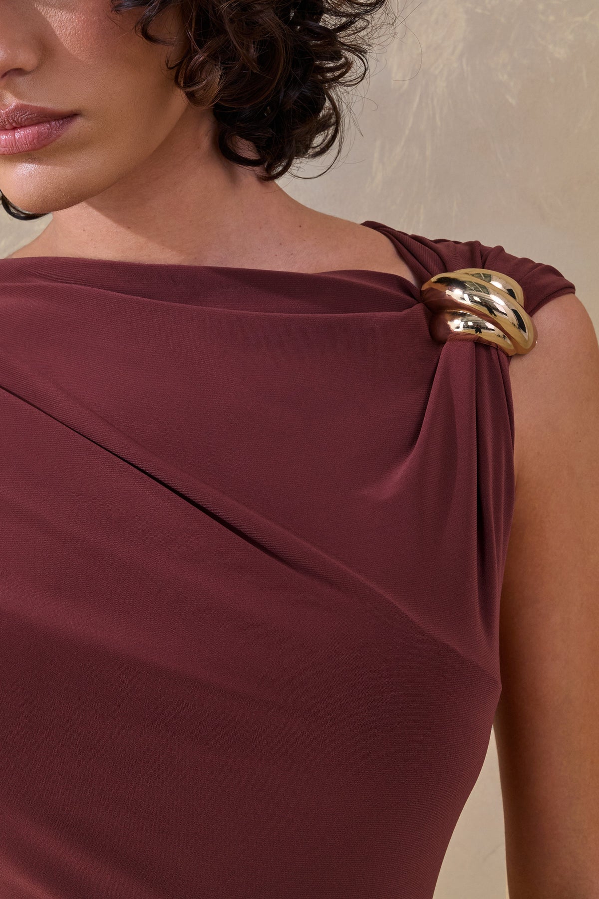 Blaire | Brown Asymmetric-Neck Maxi Dress With Gold-Detailing
