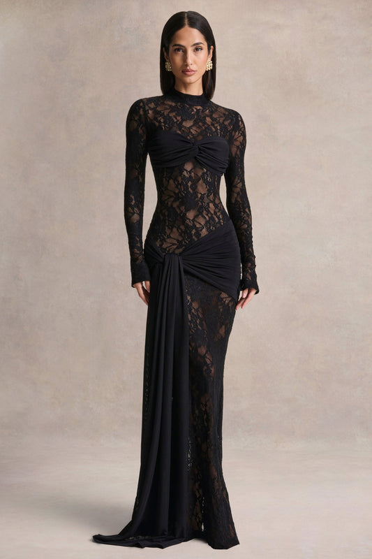 Akira | Black Sheer Lace High Neck Long Sleeve Maxi Dress With Gathered Detailing And Sash