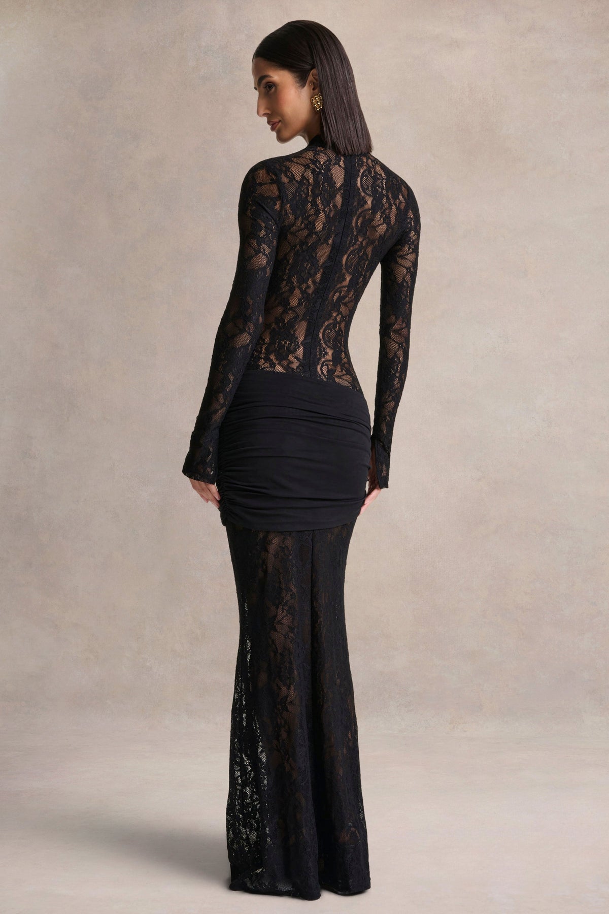 Akira | Black Sheer Lace High Neck Long Sleeve Maxi Dress With Gathered Detailing And Sash