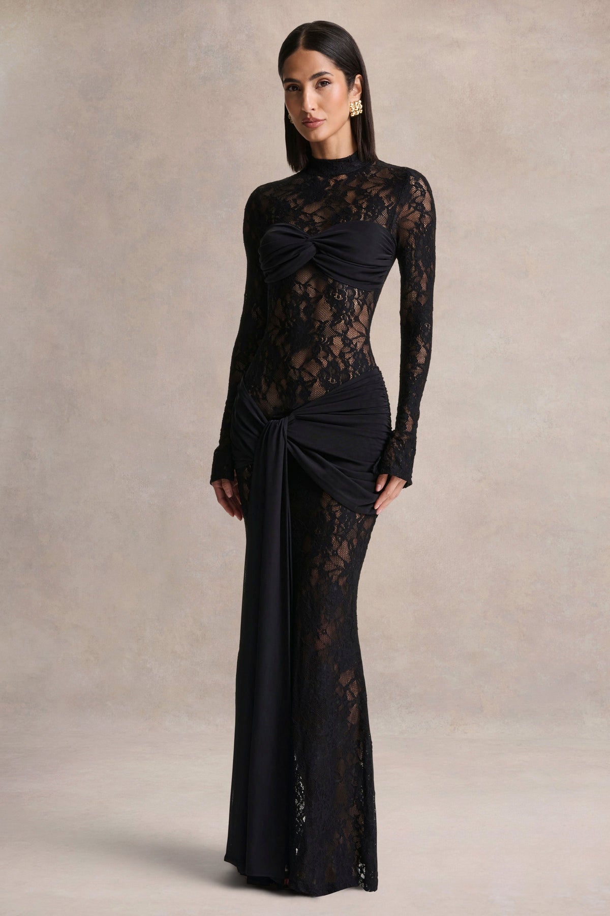Akira | Black Sheer Lace High Neck Long Sleeve Maxi Dress With Gathered Detailing And Sash