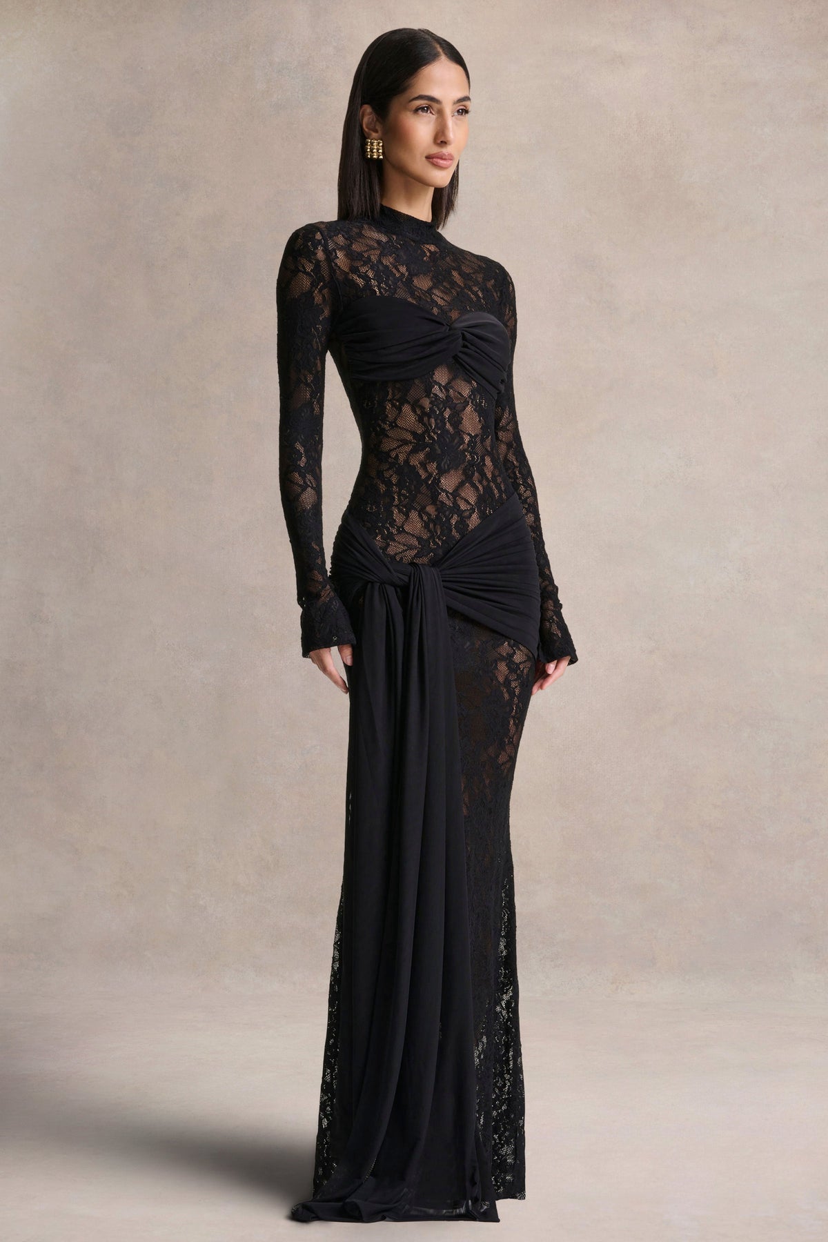 Akira | Black Sheer Lace High Neck Long Sleeve Maxi Dress With Gathered Detailing And Sash