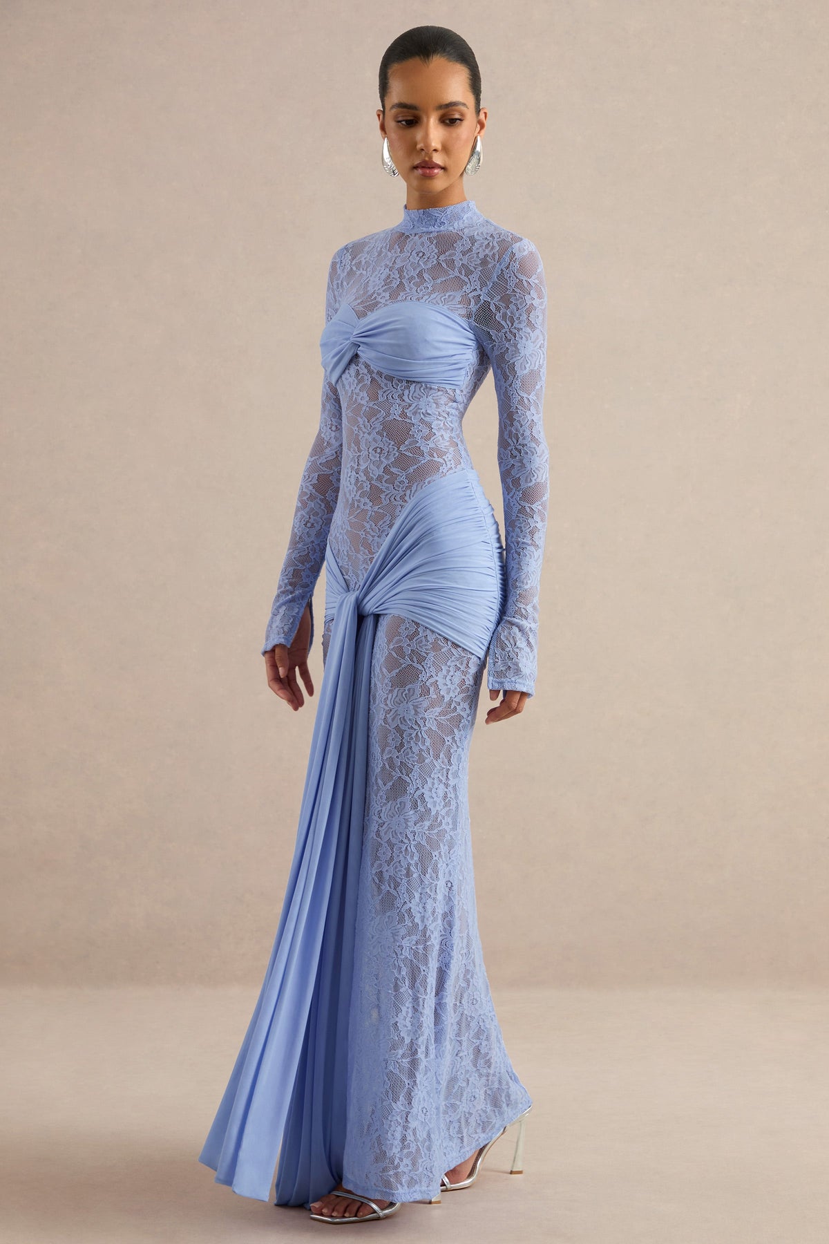 Akira | Light Blue Sheer Lace High Neck Long Sleeve Maxi Dress With Gathered Detailing And Sash