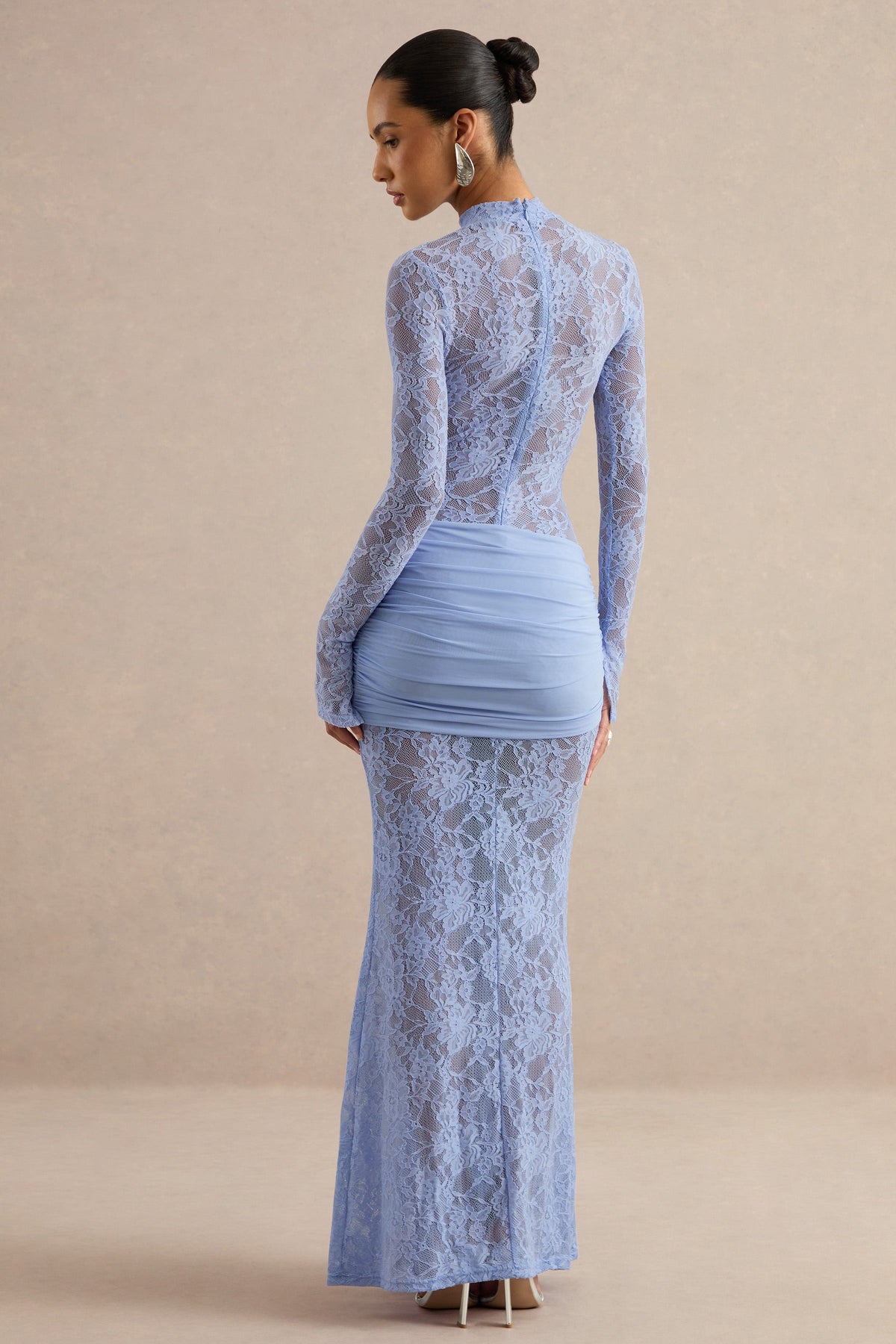 Akira | Light Blue Sheer Lace High Neck Long Sleeve Maxi Dress With Gathered Detailing And Sash