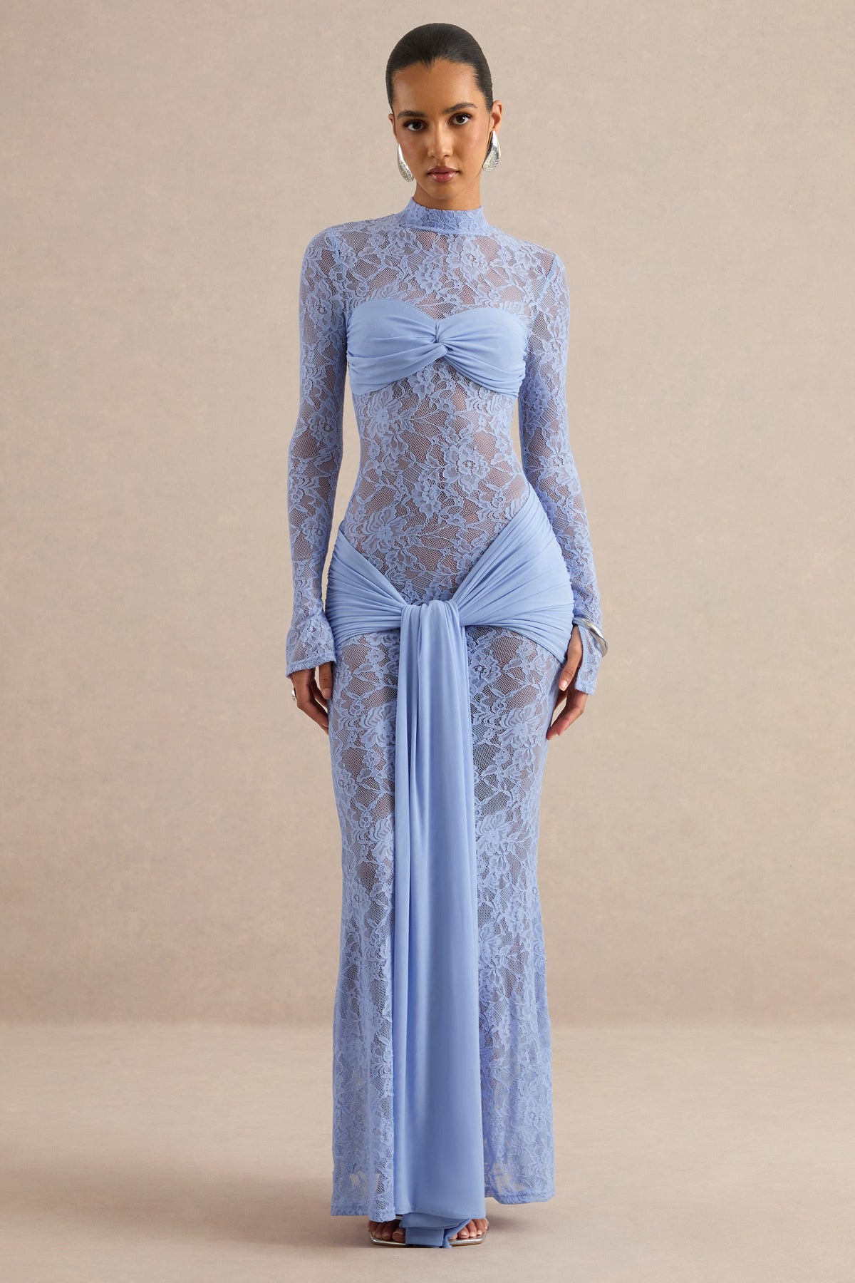 Akira | Light Blue Sheer Lace High Neck Long Sleeve Maxi Dress With Gathered Detailing And Sash