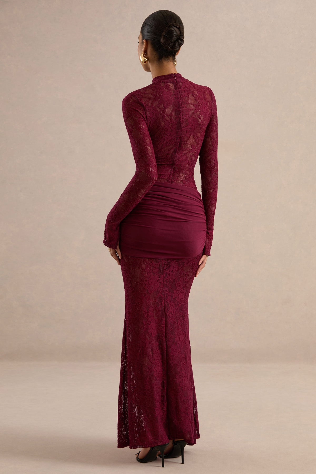 Akira | Red Sheer Lace High Neck Long Sleeve Maxi Dress With Gathered Detailing And Sash
