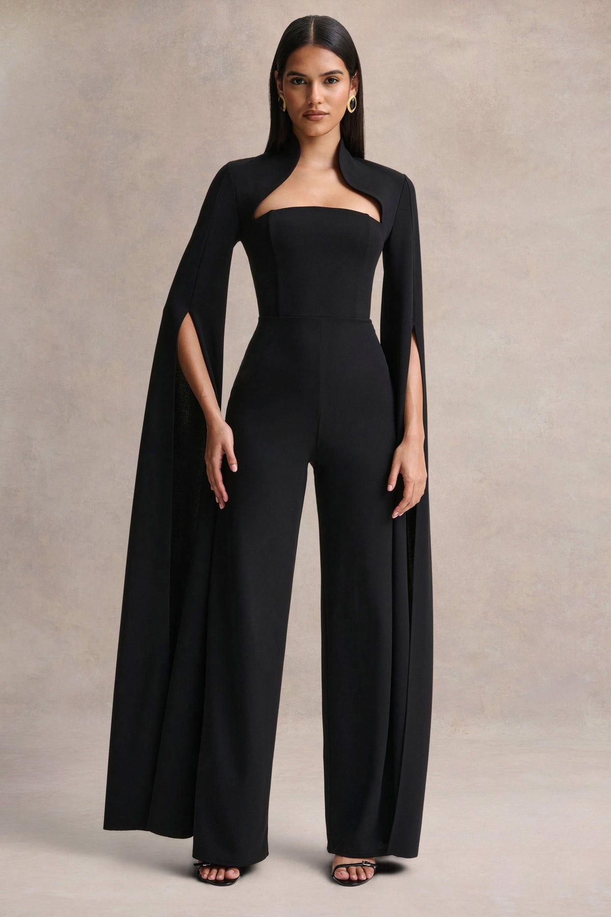 Elisabetta | Black Scuba Square Neck Jumpsuit With Tailoring And Cape Sleeves