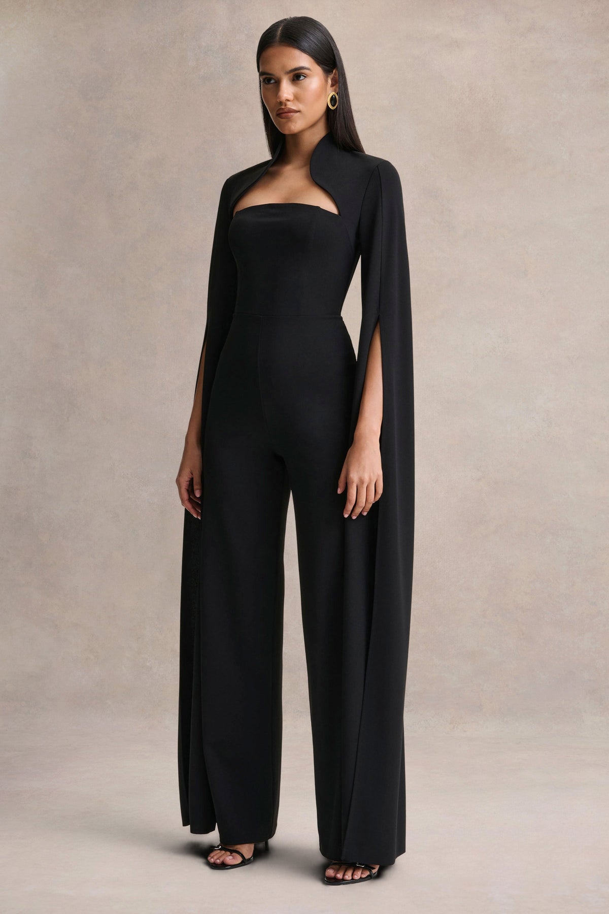 Elisabetta | Black Scuba Square Neck Jumpsuit With Tailoring And Cape Sleeves