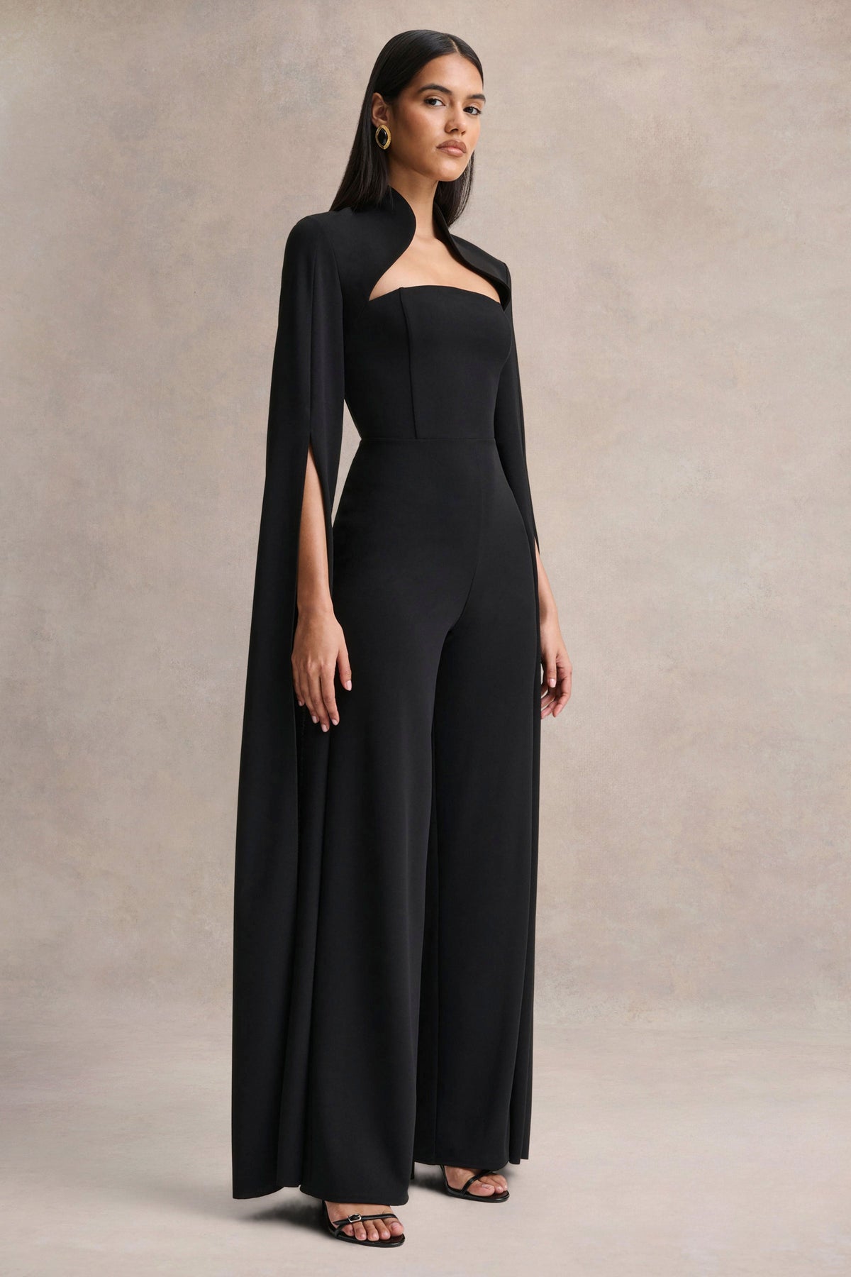 Elisabetta | Black Scuba Square Neck Jumpsuit With Tailoring And Cape Sleeves