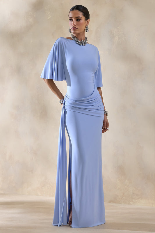 Emerelle | Powder Blue Jersey Ruched Boat Neck Short Sleeve Maxi Dress With Sash And Split