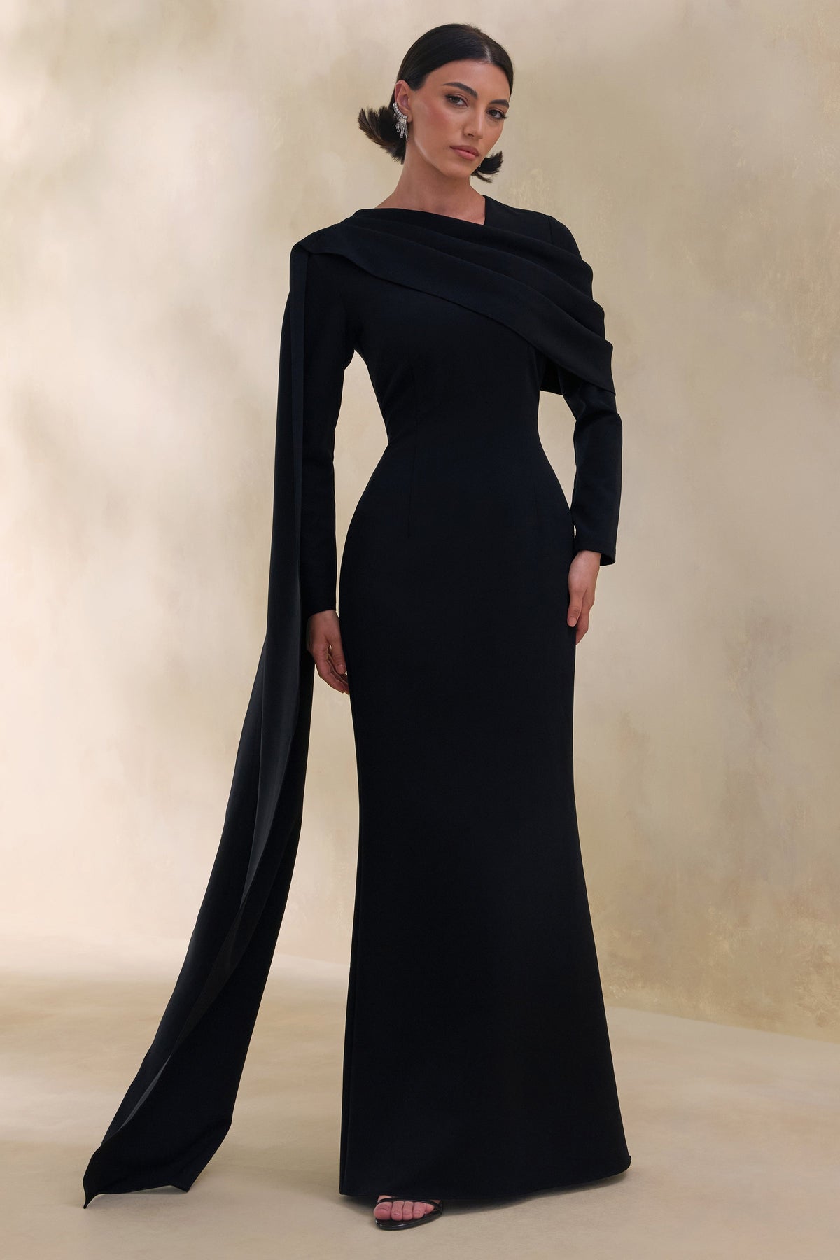 Heliora | Black V-Neck Maxi Dress With Sash And Draped-Detail