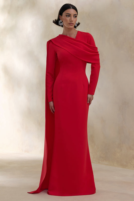 Heliora | Red V-Neck Maxi Dress With Sash And Draped-Detail