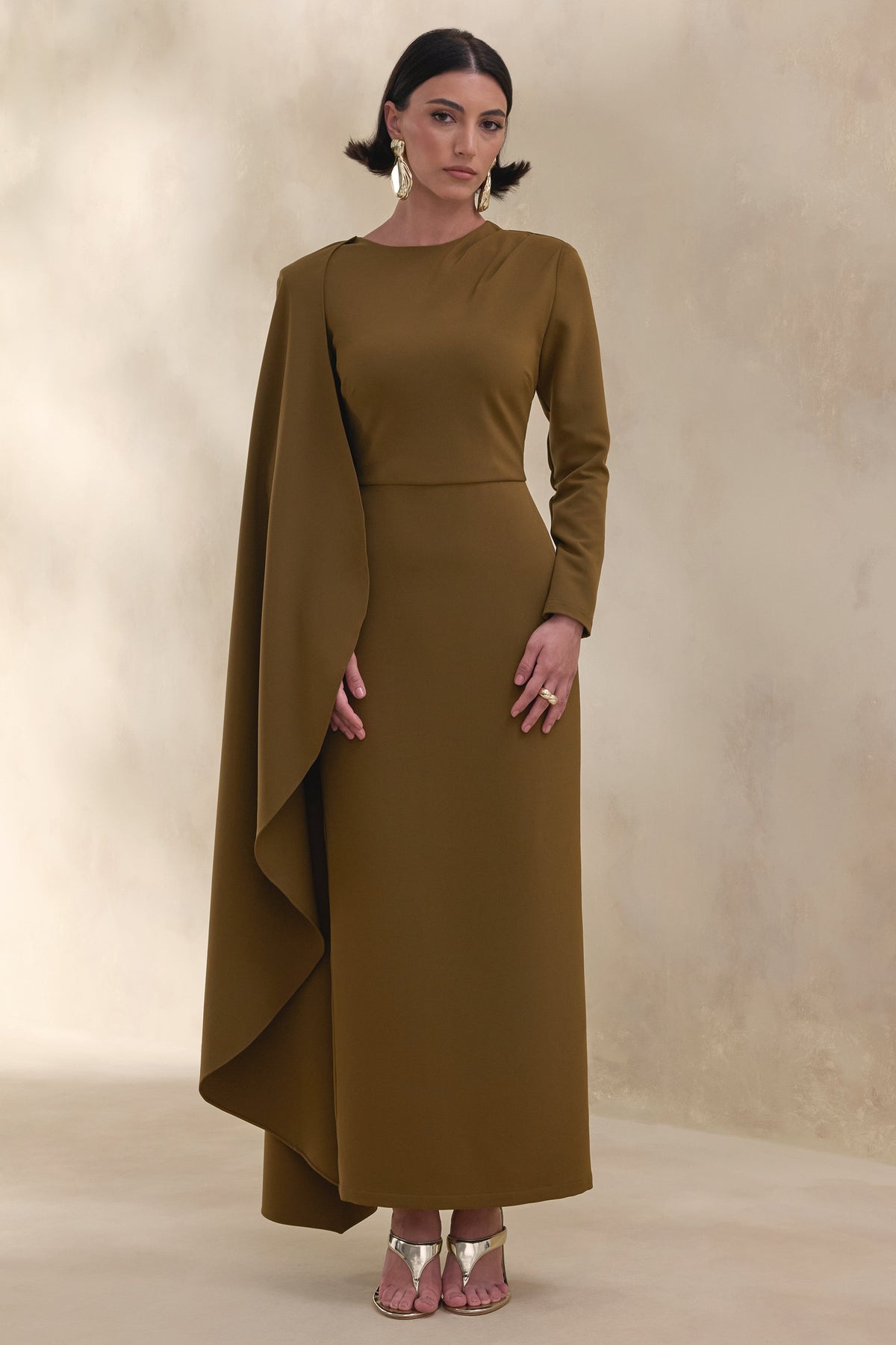 Jovea | Olive Round-Neck Maxi Dress With Cape-Sleeve
