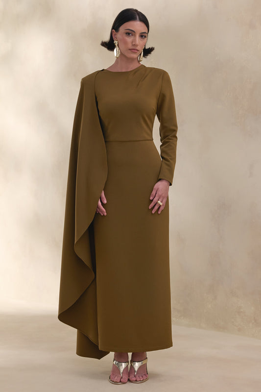 Jovea | Olive Round-Neck Maxi Dress With Cape-Sleeve